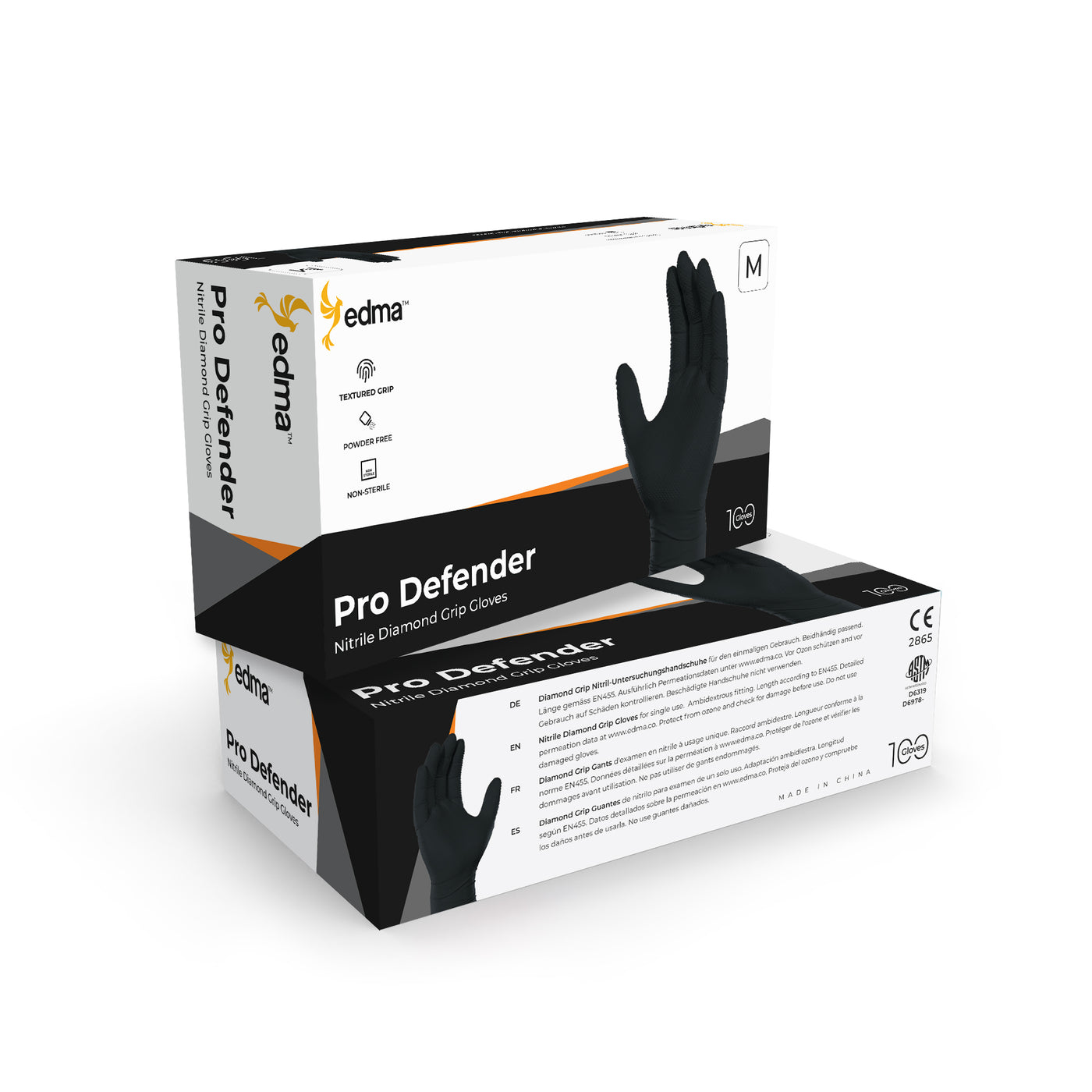 2 Boxes of Edma Pro Defender Black Nitrile Diamond Grip 9mil Gloves #color_black