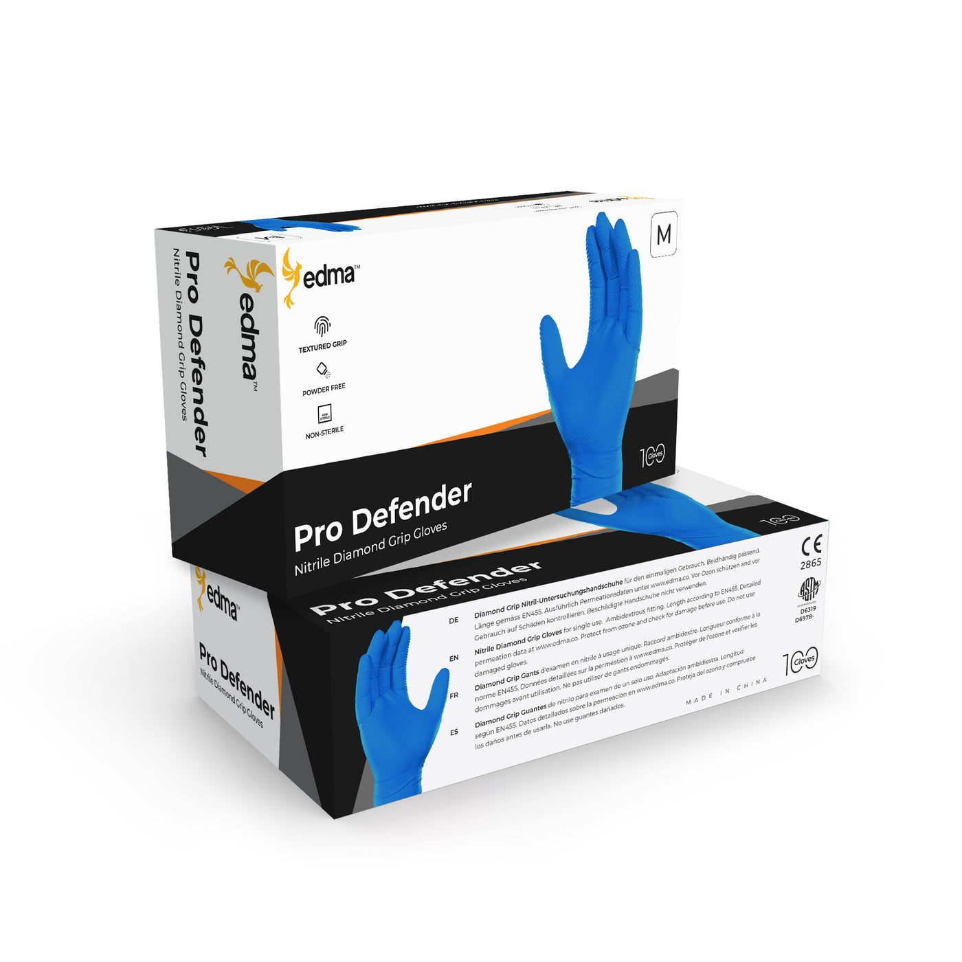 2 Boxes of Edma Pro Defender Blue Nitrile Diamond Grip 9mil Gloves #color_blue