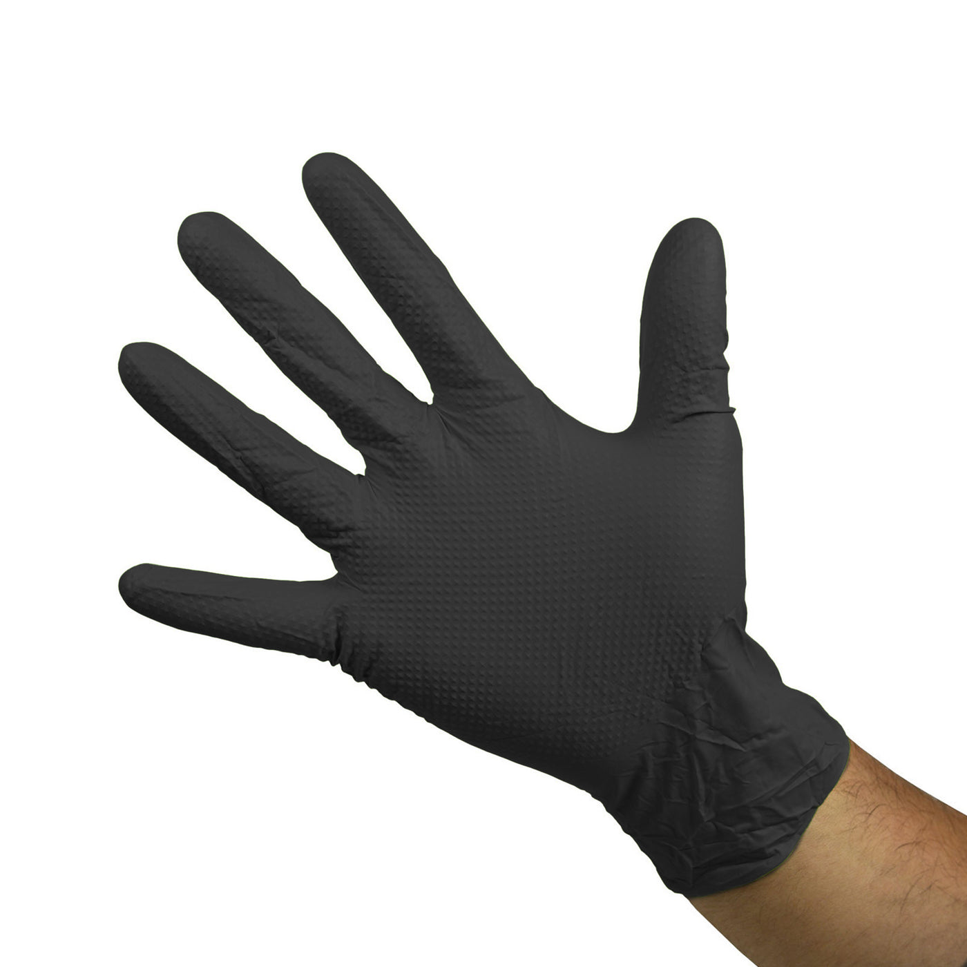 Edma Pro Defender Black Nitrile Diamond Grip 9mil Gloves on hand #color_black