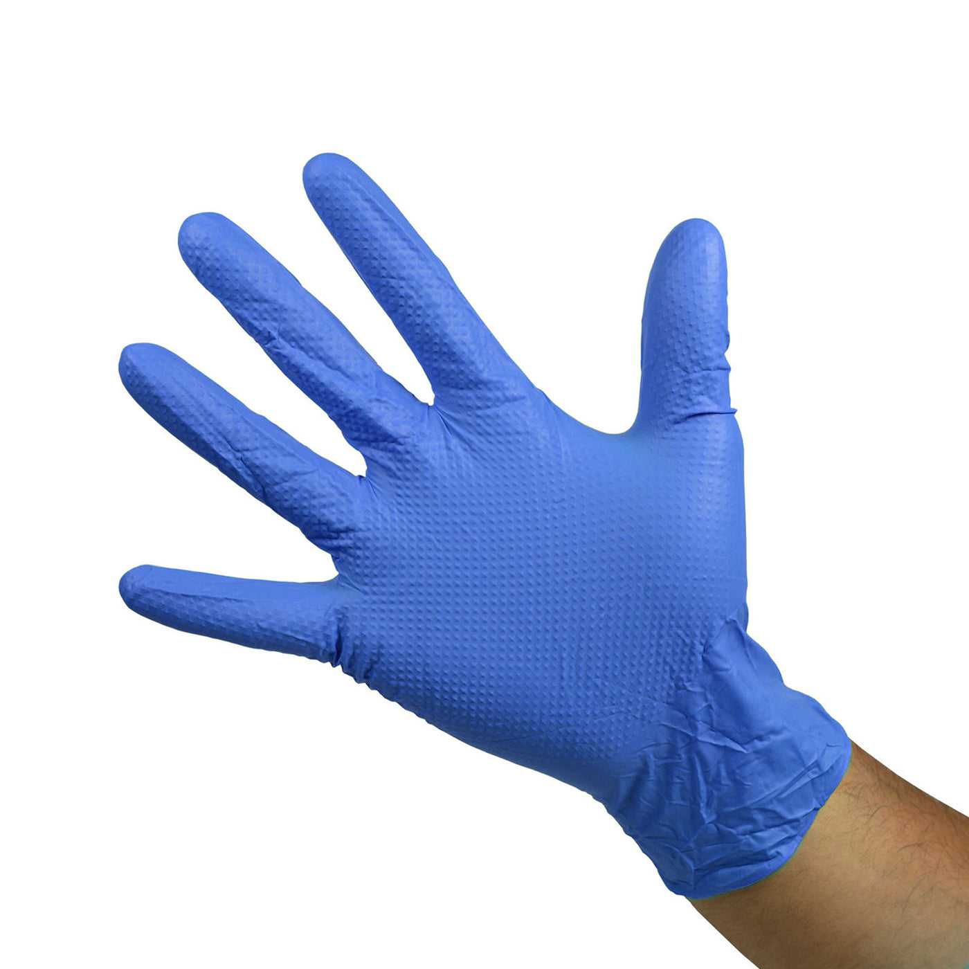 Edma Pro Defender Blue Nitrile Diamond Grip 9mil Glove on hand #color_blue