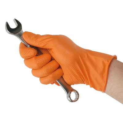 Edma Pro Defender Orange Nitrile Diamond Grip 9mil Gloves tool in hand #color_orange