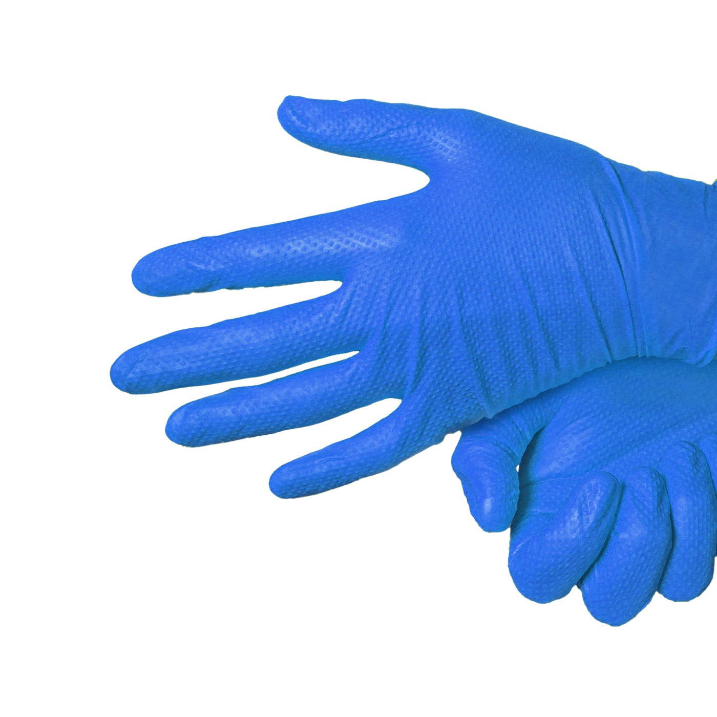 Edma Pro Defender Blue Nitrile Diamond Grip 9mil Glove on hands #color_blue