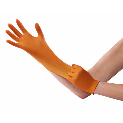 Edma Pro Defender Orange Nitrile Diamond Grip 9mil Gloves stretch test #color_orange