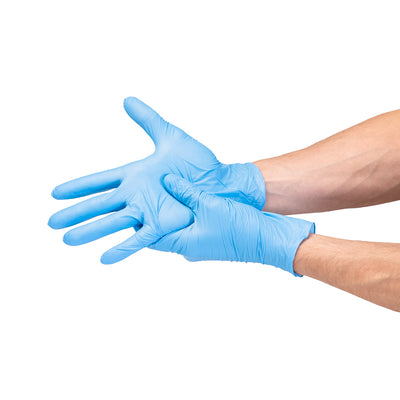 Blue Protect-M Synthetic nitrile examination gloves on hand #color_blue