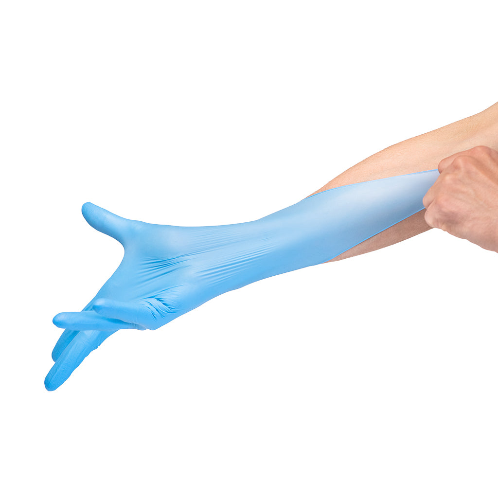 Blue Protect-M Synthetic nitrile examination gloves stretch test #color_blue