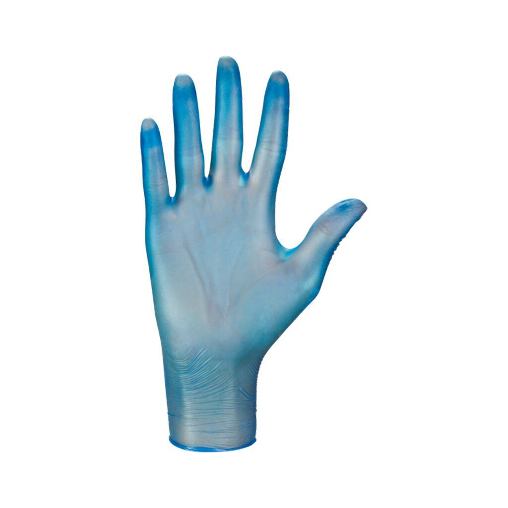 Blue Protect X disposable vinyl glove on hand  #color_blue