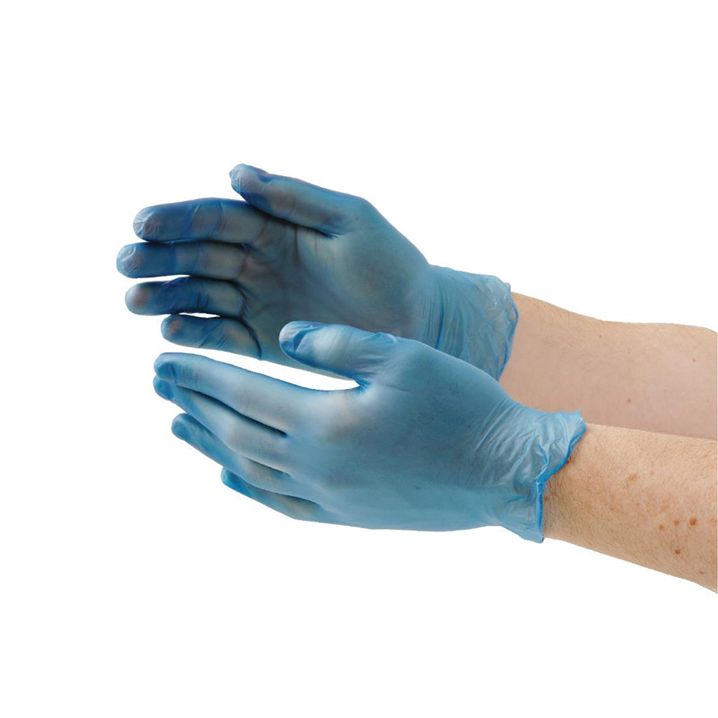 Blue Protect X disposable vinyl gloves on hand together  #color_blue