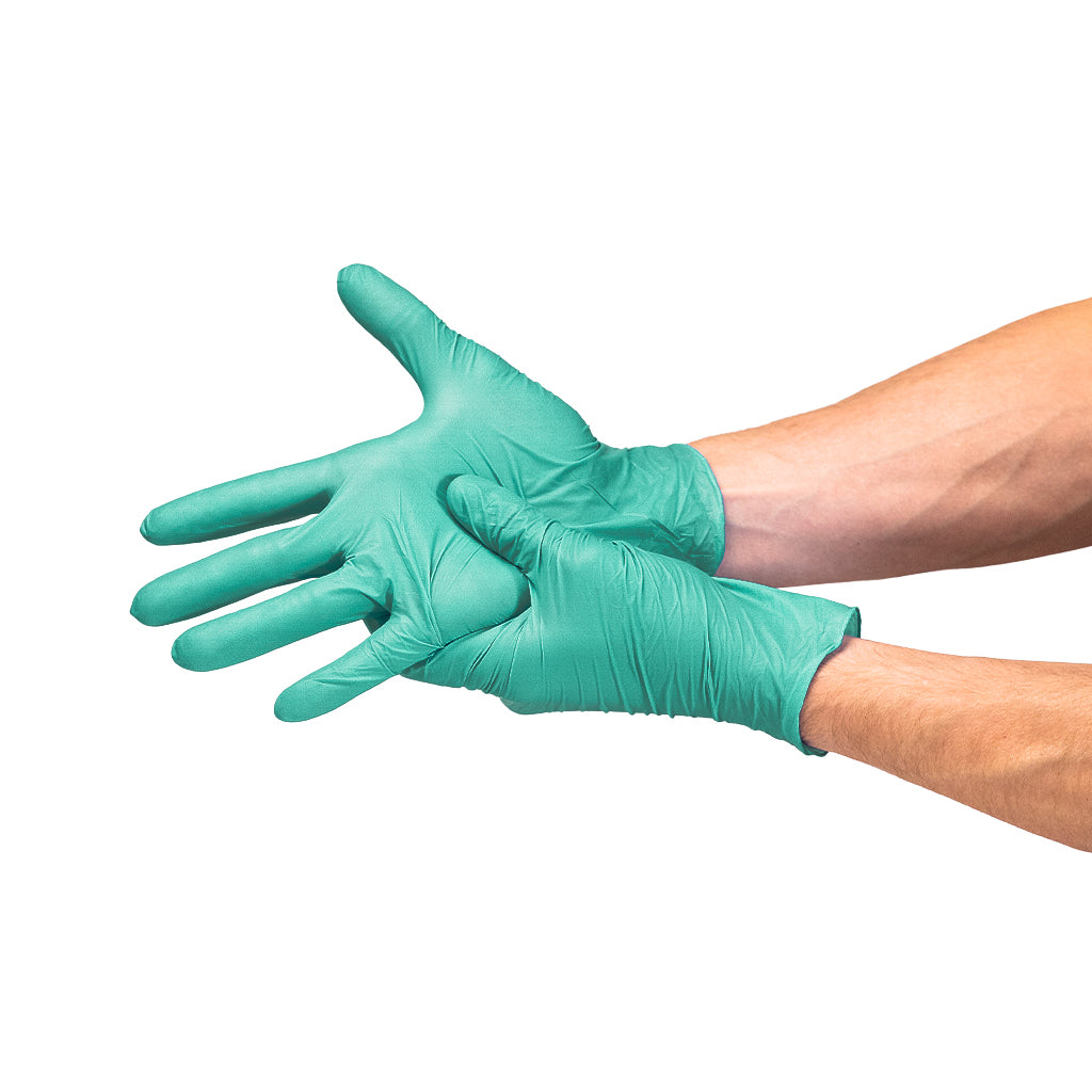 Safe Plus Green Nitrile Examination Gloves on hand #color_green