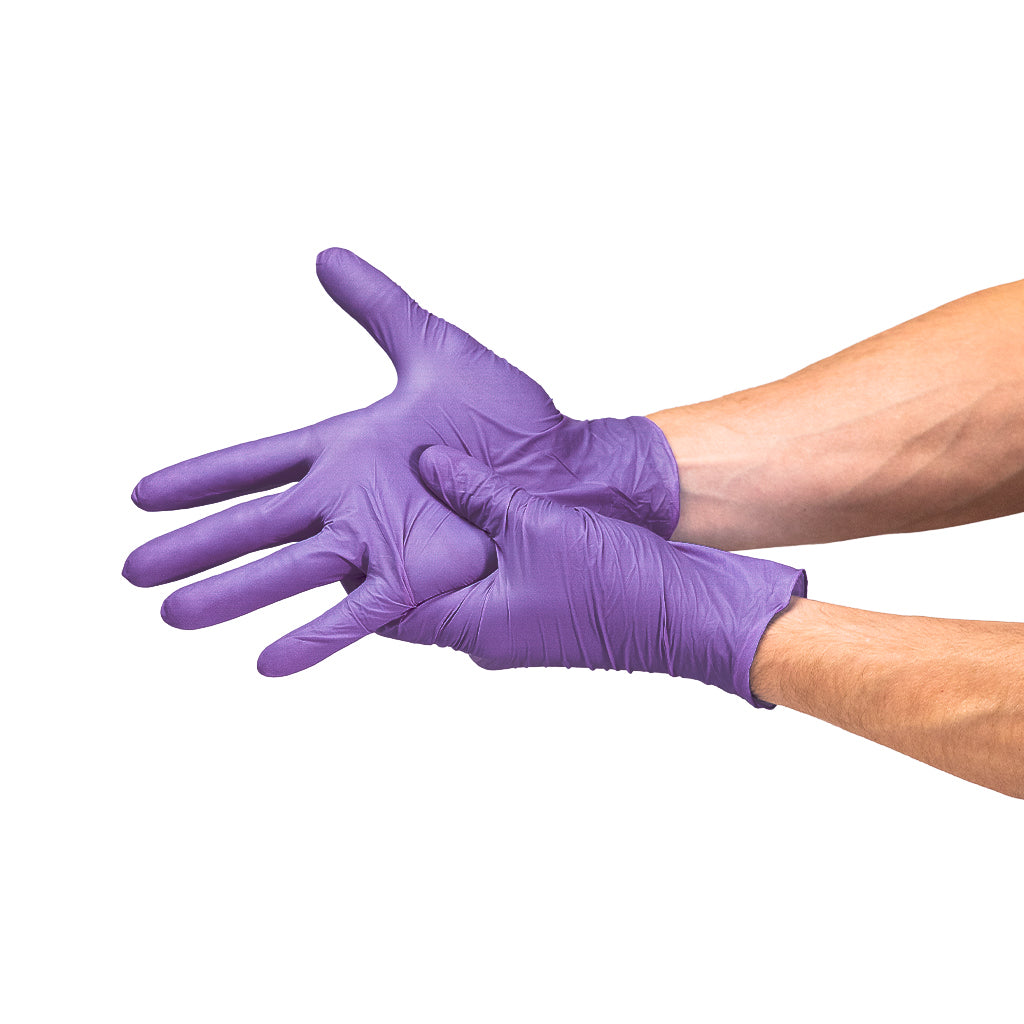 Safe Plus Purple Nitrile Examination Gloves on hand  #color_purple