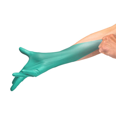Safe Plus Green Nitrile Examination Gloves stretch test #color_green