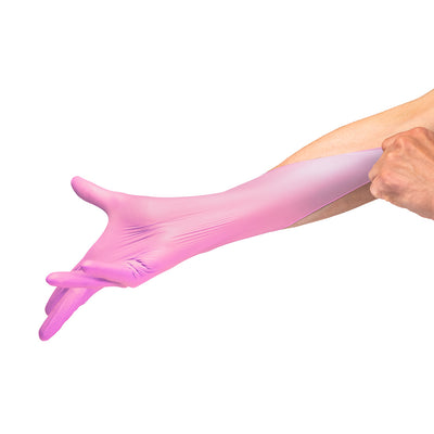 Safe Plus Pink Nitrile Examination Gloves stretch test #color_pink